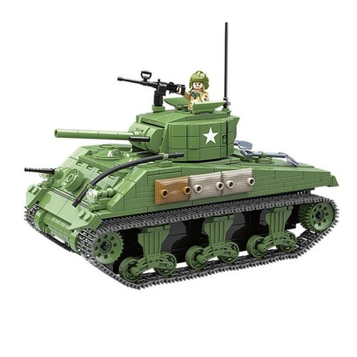 Bộ lắp ghép Xe tăng Sherman M4A1 QUANGUAN 100081, mô hình chi tiết xe tăng Thế chiến II Sherman màu xanh lá, phù hợp bé trai 6 tuổi, giá tốt.