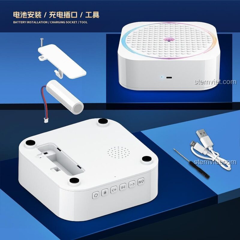 Hướng dẫn lắp đặt pin và cổng sạc của Hộp Âm Nhạc Bluetooth QUANGUAN 100270, đồ chơi mô hình Lâu Đài Băng Giá tiện lợi