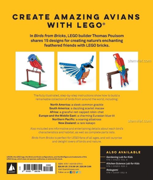 Bìa sau sách hướng dẫn Quarry Books 9781631590795, mô tả 15 mẫu chim lắp ráp từ gạch LEGO®, một bộ sưu tập mô hình 15 mẫu chim lắp ráp độc đáo.
