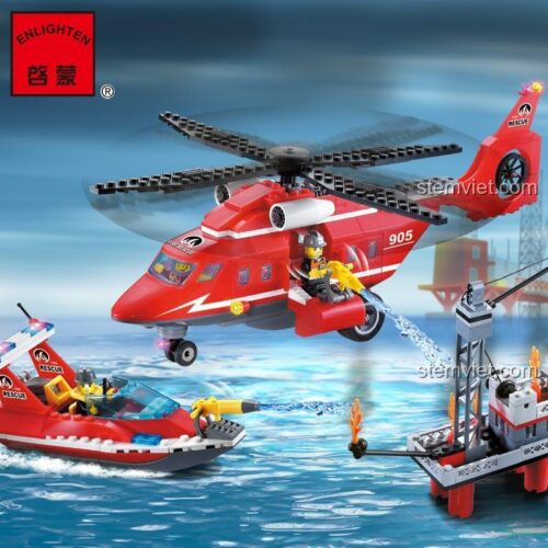 Bộ lắp ghép 启蒙QMAN 905 Đội Cứu Hộ Biển với trực thăng đang phun nước