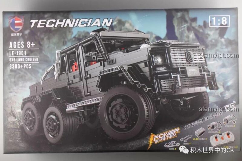Hình ảnh hộp sản phẩm bộ xếp hình Mô hình Mercedes G-Class 6x6 LE-J901, thể hiện rõ thiết kế xe, mã sản phẩm, số chi tiết 3300+ và độ tuổi 8+.
