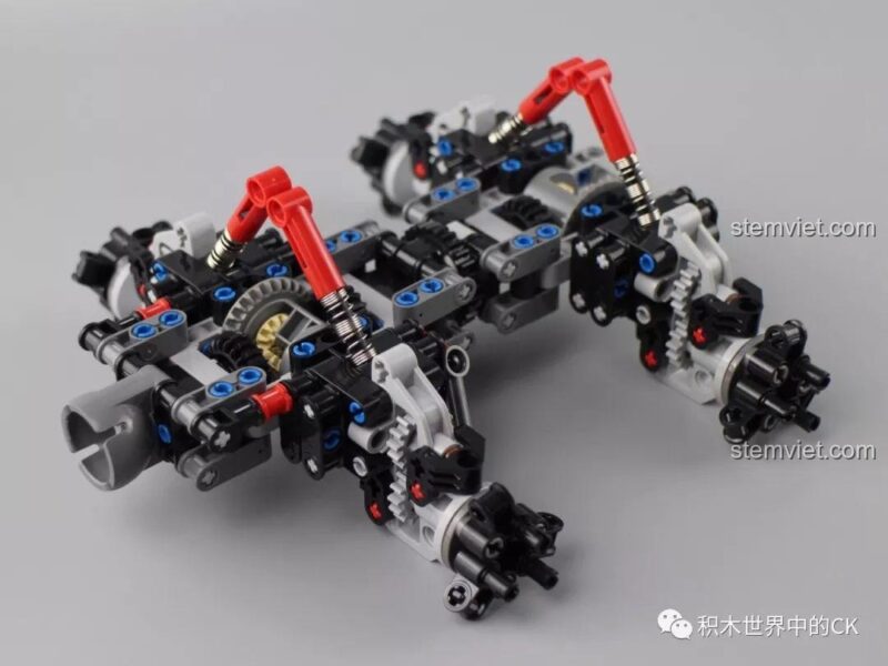 Cụm hệ thống treo sau của bộ xếp hình Mô hình Mercedes G-Class 6x6, được thiết kế để chịu tải và vượt địa hình.