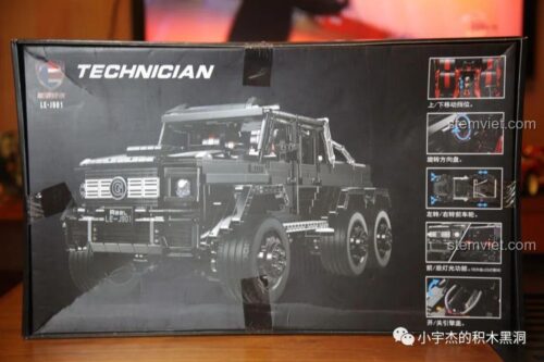 Mặt sau hộp đồ chơi mô hình Rael LE-J901D, thể hiện các chi tiết và chức năng của xe Mercedes G63 6x6.