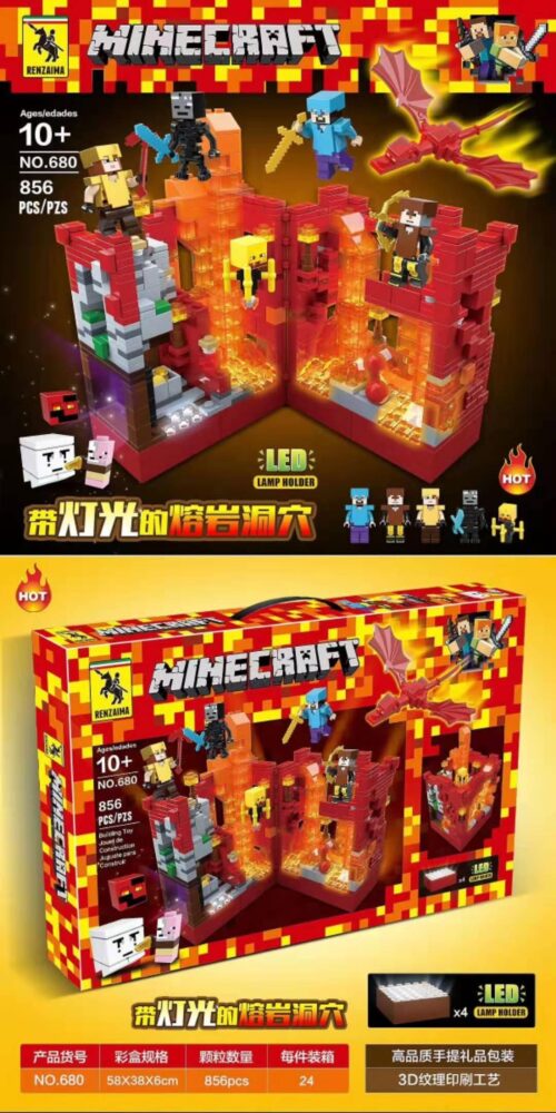 Hộp bộ lắp ghép Hang Động Dung Nham Minecraft RENZAIMA 680 có đèn LED, 856 chi tiết, dành cho bé trai 10 tuổi, giá tốt.