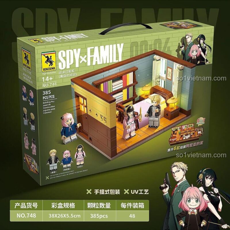 Hộp bộ xếp hình RENZAIMA 748 Phòng của Gia Đình Forger, đồ chơi mô hình SPY×FAMILY với kích thước 38x26x5.5cm. Có 3 minifigures, phù hợp con trai con gái 14 tuổi, chất lượng cao.