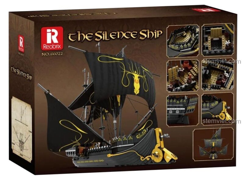 Mặt sau hộp đồ chơi lắp ghép Tàu Silence Reobrix 66022, thể hiện các chi tiết nội thất và cấu trúc của mô hình tàu của Euron Greyjoy.