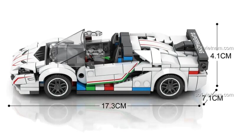 Kích thước mô hình Siêu xe Lamborghini Aventador SVJ Reobrix 687: dài 17.3cm, rộng 7.1cm, cao 4.1cm, 382 mảnh ghép