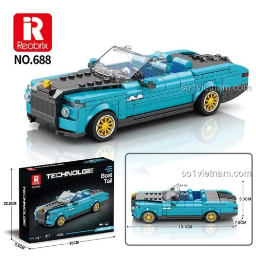 Hộp sản phẩm Reobrix 688 Rolls-Royce Boat Tail và mô hình xe màu xanh dương, kích thước hộp 30x22.5x5.5cm, mô hình 19.1x7.9x5.3cm