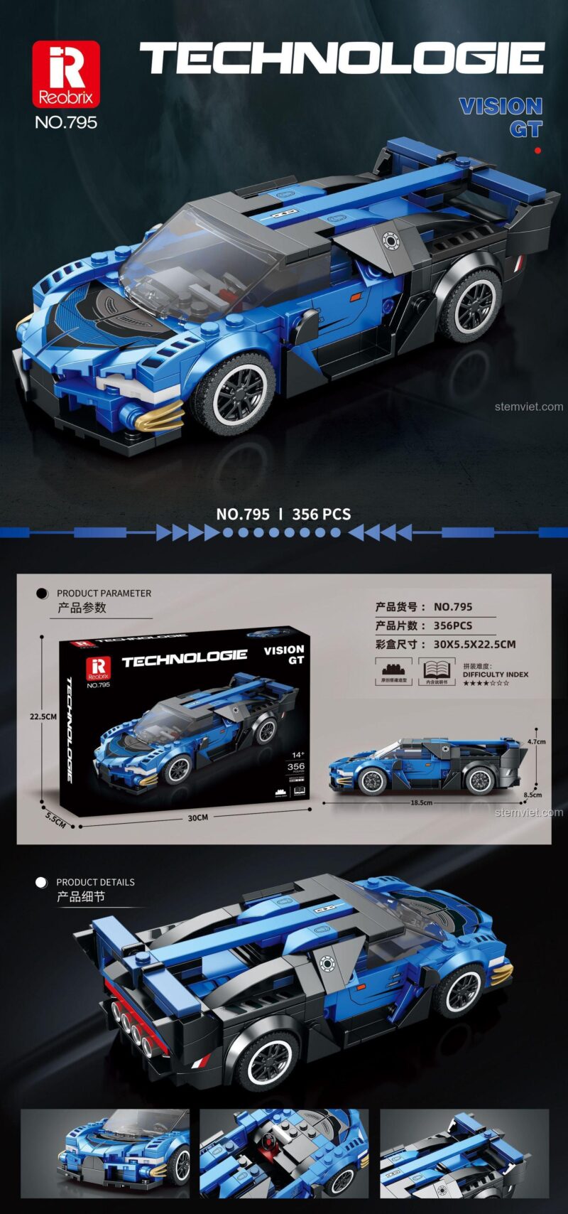 Chi tiết sản phẩm đồ chơi lắp ghép Reobrix 795 Bugatti Vision GT, bao gồm thông số và các góc chụp.