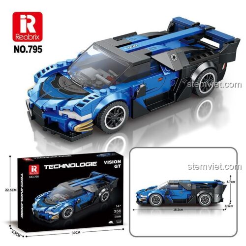 Hộp đồ chơi mô hình Reobrix 795 Bugatti Vision GT, hiển thị kích thước sản phẩm và hộp.