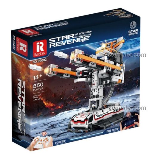 Hộp sản phẩm Reobrix 99002 Pháo Phòng Không Star Revenge, hiển thị 850 chi tiết và độ tuổi 14+, là bộ lắp ghép vũ khí phòng không chất lượng cao cho con trai.