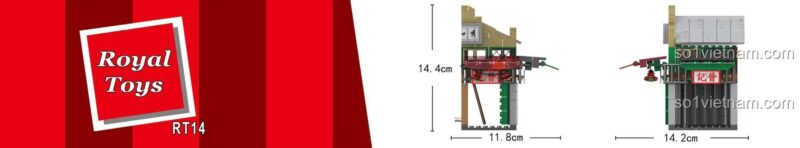 Hình ảnh thể hiện kích thước chi tiết của đồ chơi mô hình Royal Toys RT14 sau khi lắp ráp: cao 14.4cm, rộng 11.8cm và dài 14.2cm.