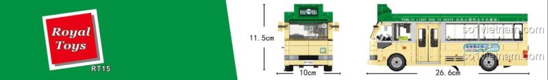 Kích thước thực tế của đồ chơi xây dựng Xe buýt nhỏ Hong Kong RT15: dài 26.6cm, cao 11.5cm, rộng 10cm.