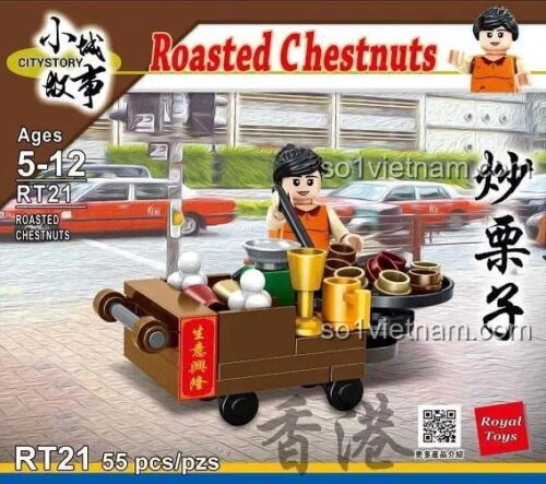 Hộp sản phẩm bộ lắp ghép Xe bán hạt dẻ rang Royal Toys RT21 với 55 chi tiết, phù hợp cho trẻ em.