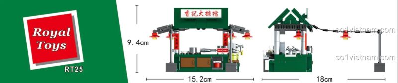 Kích thước chi tiết của bộ lắp ghép Mô hình Dai Pai Dong RT25: cao 9.4cm, dài 18cm, rộng 15.2cm.