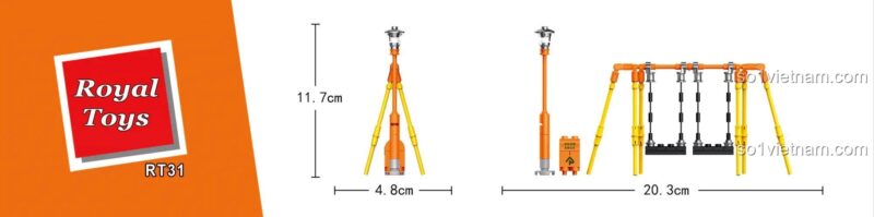 Kích thước chi tiết của mô hình Xích đu sân chơi RT31 và đèn đường, phù hợp cho không gian trưng bày nhỏ.