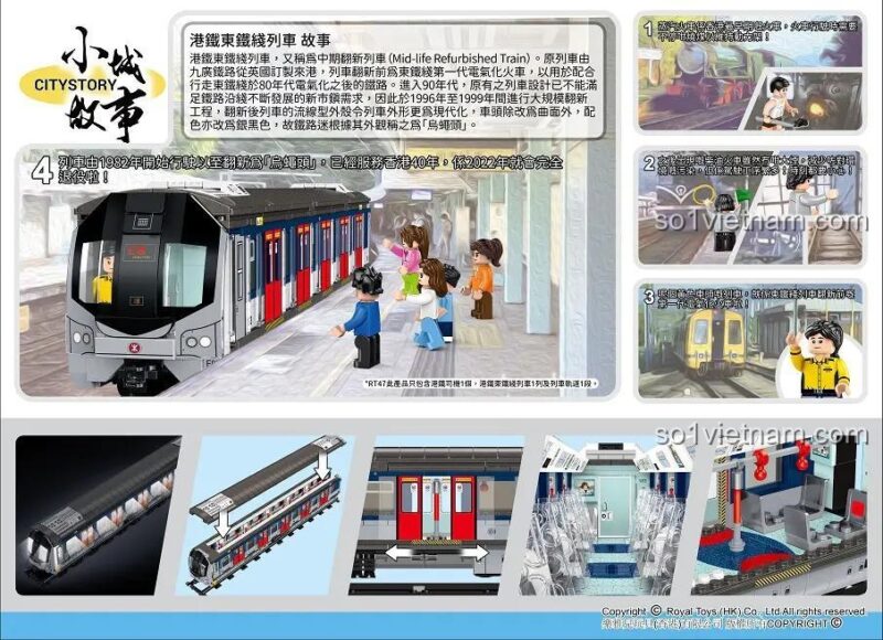 Các tính năng nổi bật của bộ xếp hình Tàu hỏa City Story RT47: đèn LED, nội thất chi tiết, và lịch sử ra đời của đoàn tàu.