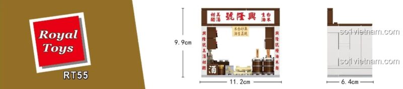 Kích thước chi tiết của bộ xây dựng Tiệm Gạo Dầu Cổ Điển Royal Toys RT55: dài 11.2cm, cao 9.9cm, rộng 6.4cm.