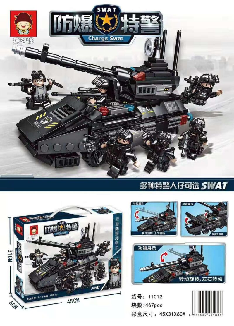 Bộ lắp ráp Ruizhi Feng 11012 Xe Bọc Thép Chống Bạo Động SWAT, đồ chơi mô hình chất lượng cao cho bé trai 6 tuổi, giá tốt, có ảnh hộp và kích thước rõ ràng.