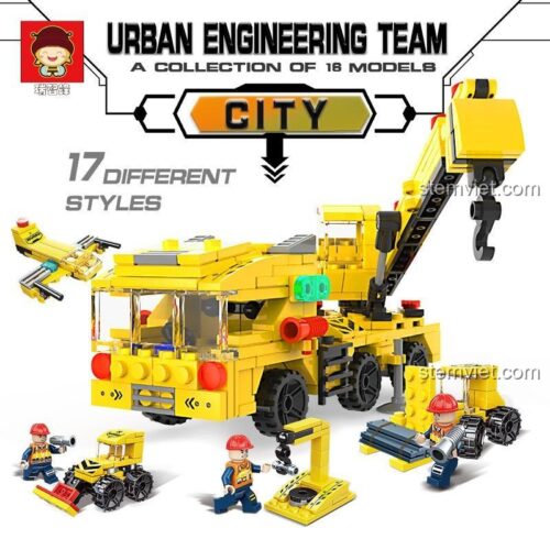 Tổng quan bộ lắp ráp Cần cẩu công trình Ruizhi Feng 22006, bao gồm 16 mô hình nhỏ và 3 minifigures công nhân, lắp được 17 kiểu.