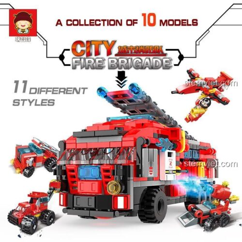 Bộ sưu tập 9 trên 10 mô hình phương tiện cứu hỏa mini từ bộ đồ chơi xếp hình Đội cứu hỏa thành phố 22008, mỗi mô hình đi kèm một lính cứu hỏa.