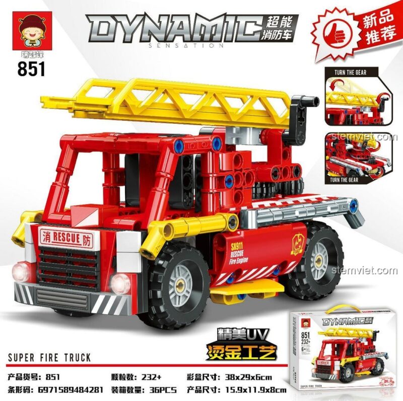 Mô hình đồ chơi lắp ráp Siêu Xe Cứu Hỏa Ruizhi Feng 851 cho con trai 6 tuổi, chất lượng cao, giá rẻ. Thang nâng có thể điều khiển bằng bánh răng.
