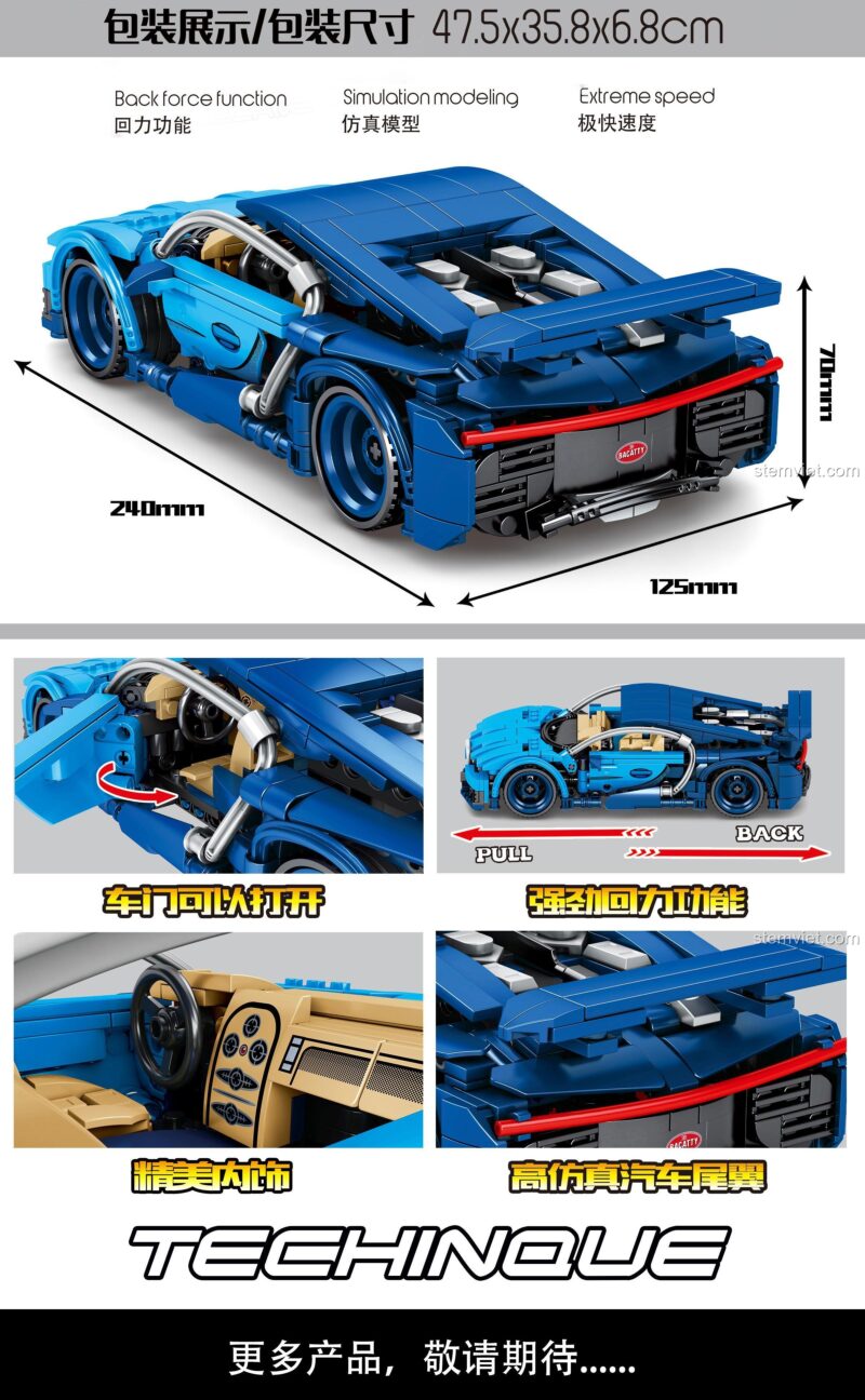 SEMBO 701602 Bugatti Chiron bộ lắp ghép xe thể thao màu xanh dương, cửa xe mở được, động cơ kéo lùi, 641 mảnh, độ tuổi 6+, giá tốt