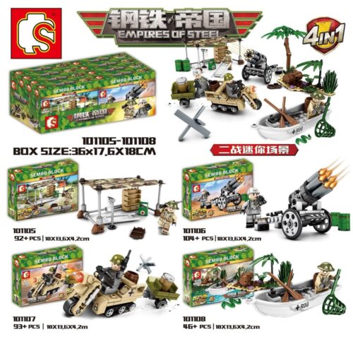 Toàn cảnh bộ đồ chơi mô hình SEMBO 101105-101108 Empires of Steel, bao gồm 4 cảnh quan quân sự mini Thế Chiến II: trại lính, pháo phản lực, xe bán xích và thuyền tuần tra, phù hợp cho con trai 6 tuổi.