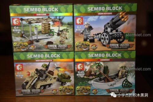 Cận cảnh 4 hộp nhỏ của bộ lắp ráp Cảnh quan quân sự mini SEMBO 101105, 101106, 101107, 101108, mỗi hộp là một mô hình quân đội WWII độc đáo.