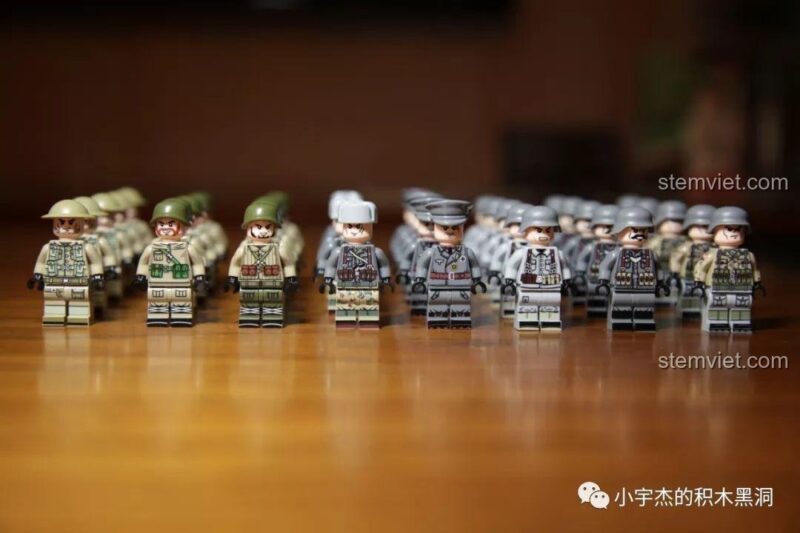Toàn bộ 8 loại minifigures lính từ bộ đồ chơi quân sự SEMBO 101117 xếp thành hàng.