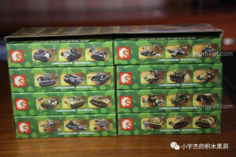 Các hộp nhỏ của bộ đồ chơi SEMBO 101119 được xếp ngay ngắn, mỗi hộp là một mô hình quân sự khác nhau.