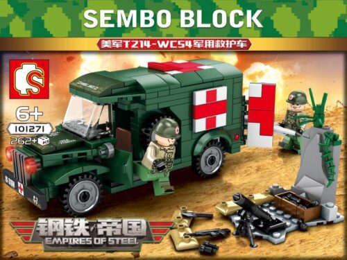 Bộ đồ chơi SEMBO 101271 Xe Cứu Thương Quân Sự Mỹ T214-WC54 chất lượng cao, giá tốt cho bé trai 6 tuổi, kèm 2 minifigure lính và súng cối.