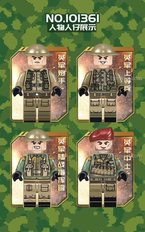 4 minifigures lính Anh trong bộ đồ chơi mô hình Sembo 101361: Pháo thủ, Binh nhất, Chỉ huy, Trung sĩ.