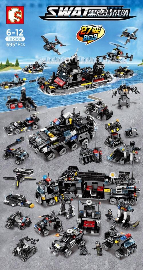 Đồ chơi mô hình SEMBO 102386 Biệt Đội Black Hawk. Lắp được 27 kiểu xe, tàu, robot khác nhau. Quà tặng sáng tạo cho con trai.