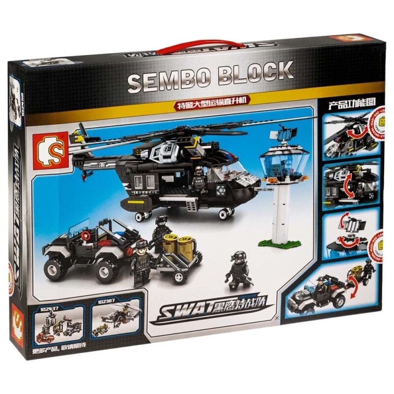 Hộp đồ chơi lắp ráp SEMBO 102387 Biệt đội SWAT với trực thăng Black Hawk và xe tuần tra, 1020 mảnh, dành cho bé trai 8 tuổi trở lên, giá rẻ.