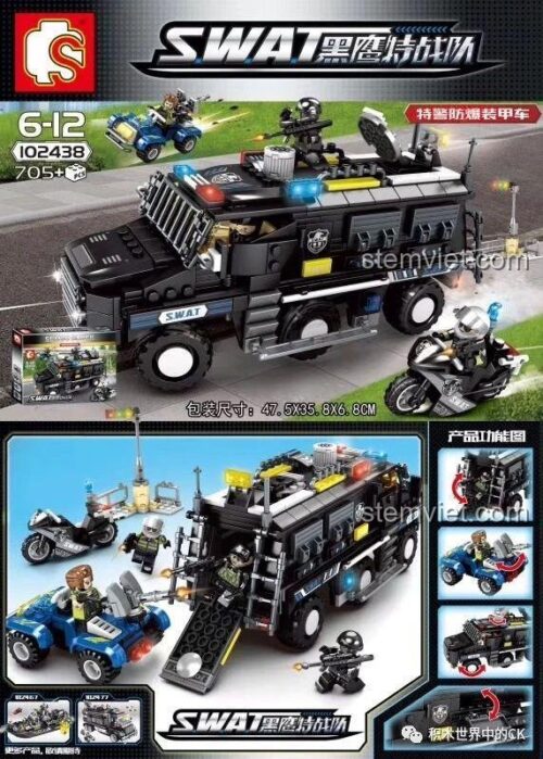 Hộp đồ chơi mô hình xe đặc nhiệm SWAT SEMBO 102438 với 705 chi tiết.