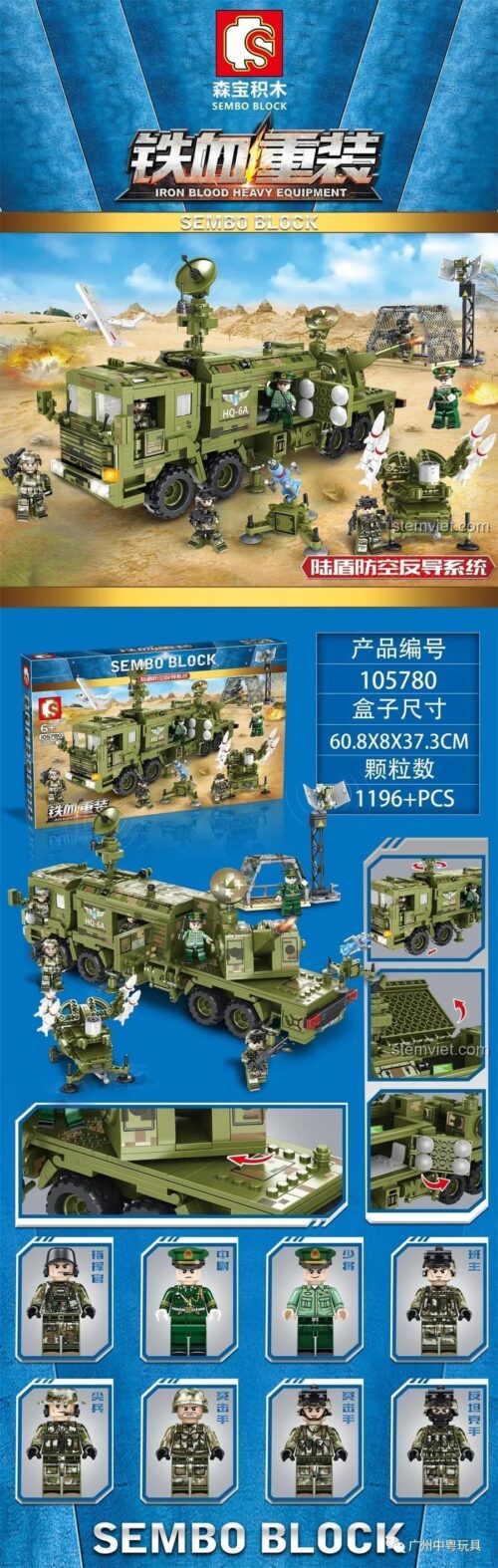 Poster chi tiết đồ chơi mô hình SEMBO 105780, hiển thị kích thước hộp, số mảnh và 8 minifigures.