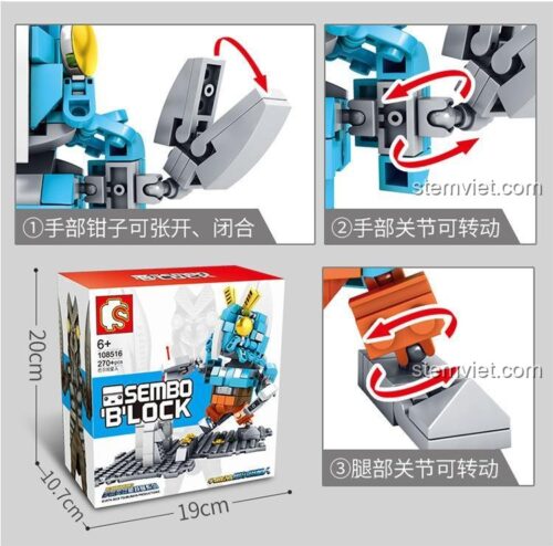 Hộp bộ lắp ráp Sembo 108516 Ultraman: Quái vật Baltan với kích thước hộp 19x10.7x20cm, thể hiện khớp cử động linh hoạt của mô hình quái vật Baltan.