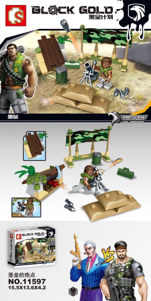 Bộ lắp ghép SEMBO 11597 Điểm Pháo Đài Kế Hoạch Vàng Đen với minifigure lính và pháo cối bắn đạn, phù hợp cho con trai 6 tuổi, giá tốt.