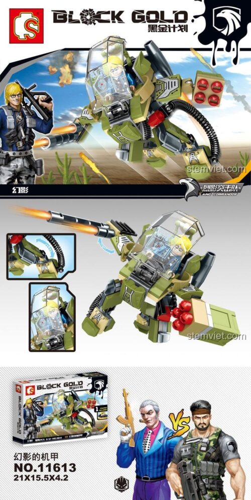 Đồ chơi lắp ráp SEMBO 11613 Mecha Phantom với các chi tiết và tính năng nổi bật như buồng lái mở, súng bắn đạn.