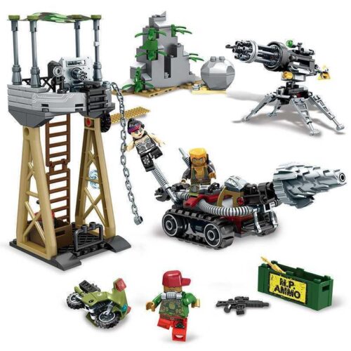 bộ lắp ráp Sa bàn quân sự SEMBO 11707, đồ chơi cho bé trai 6 tuổi giá rẻ, gồm tháp canh, ụ súng máy và xe chiến đấu.