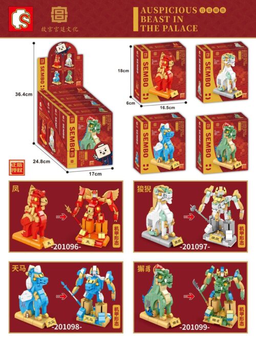 Bộ lắp ghép Thần thú cung đình SEMBO 201096, đồ chơi mô hình Robot biến hình cho bé trai 6 tuổi, giá tốt, thể hiện kích thước hộp và các mẫu lắp được.