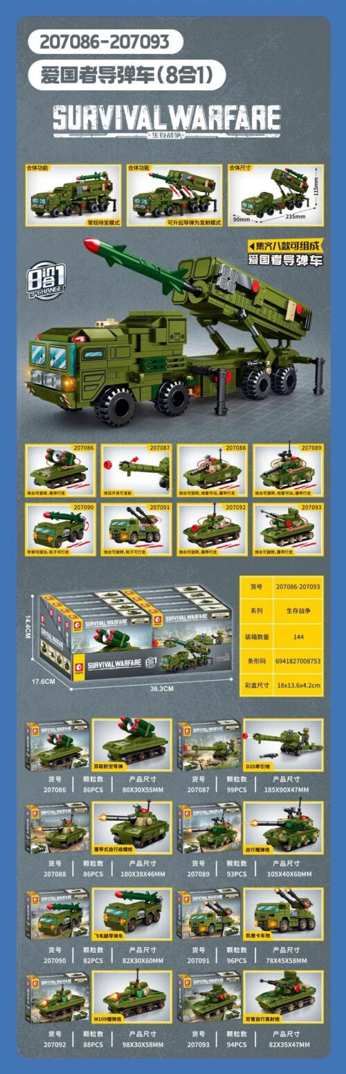 Bộ lắp ráp SEMBO 2017089 Xe Tên Lửa Patriot (8 trong 1) với 724 mảnh ghép, mô hình quân sự màu xanh lá cho bé trai 6 tuổi, giá tốt.