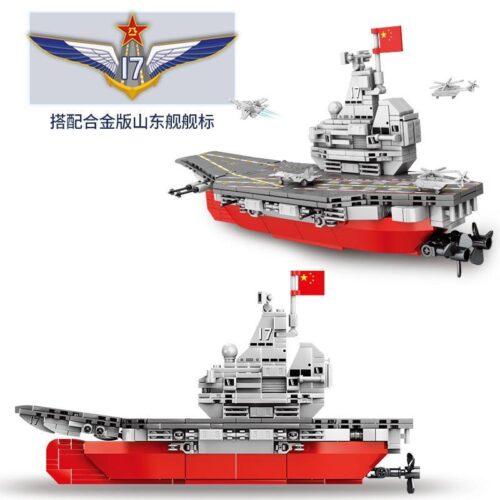 Cận cảnh chi tiết máy bay chiến đấu, trực thăng và chân vịt của bộ xếp hình Hàng không mẫu hạm Sơn Đông SEMBO 202040, chất lượng cao.
