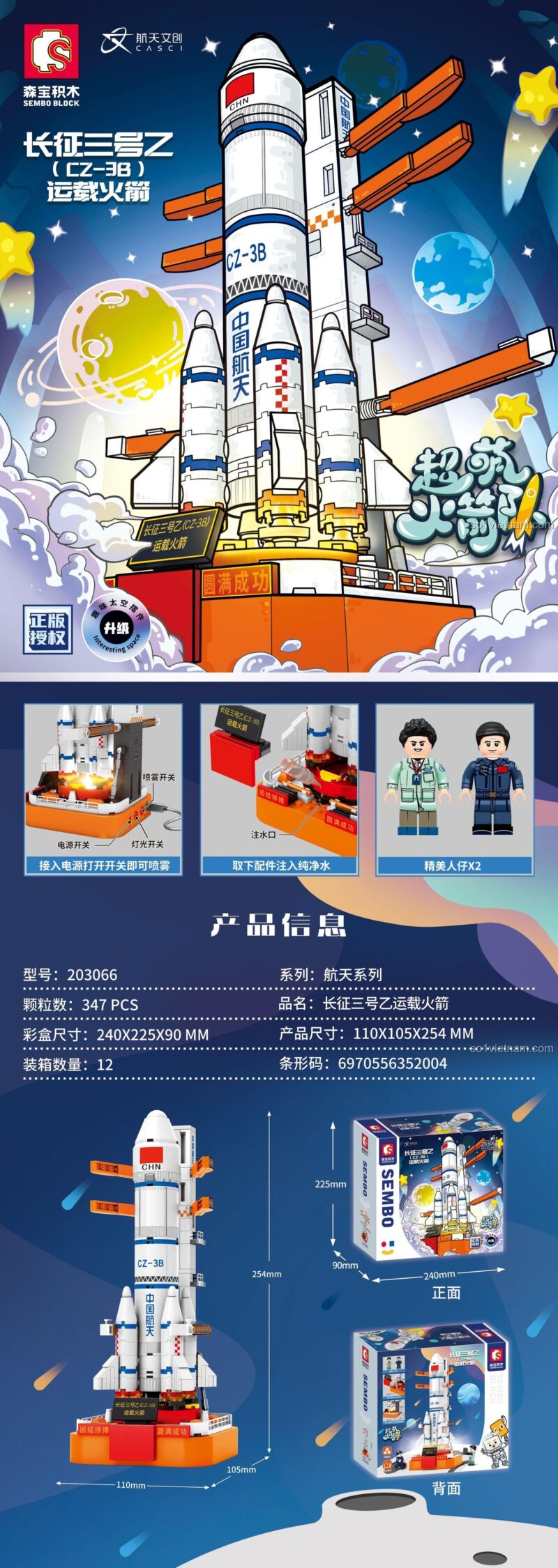 Thông tin chi tiết đồ chơi xây dựng Tên Lửa Không Gian Trung Quốc SEMBO 203066, có 2 minifigures, kích thước mô hình, tính năng đèn LED và phun sương, đồ chơi giáo dục cho con trai 6 tuổi
