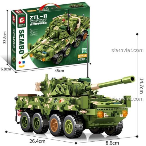 Hộp bộ lắp ghép Xe tấn công bọc thép ZTL-11 SEMBO 203143, thể hiện kích thước mô hình và hộp, phù hợp bé trai 6 tuổi.