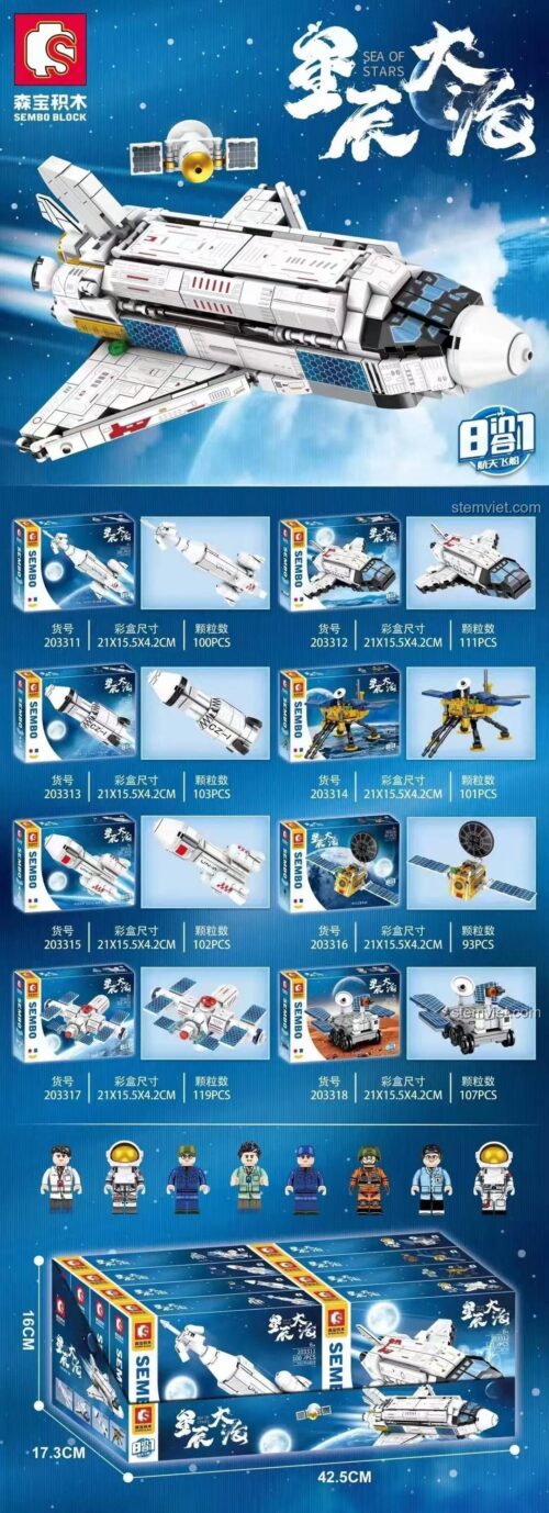 Hộp đồ chơi lắp ráp SEMBO 203314 Tàu Con Thoi Vũ Trụ 8 Kiểu Lắp Ráp, bộ đồ chơi lắp ghép 836 mảnh cho bé trai, chất lượng cao.