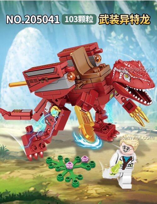 Bộ tứ đồ chơi mô hình khủng long cơ khí SEMBO 205041, bao gồm Allosaurus đỏ, T-Rex xanh lá, và 2 mẫu khác, quà tặng cho bé trai 6 tuổi.