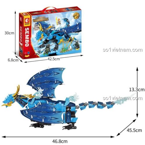 Đồ chơi mô hình SEMBO 206036 Rồng Xanh Bão Tố, thể hiện kích thước hộp và mô hình, phù hợp cho bé trai 6 tuổi, giá tiết kiệm.