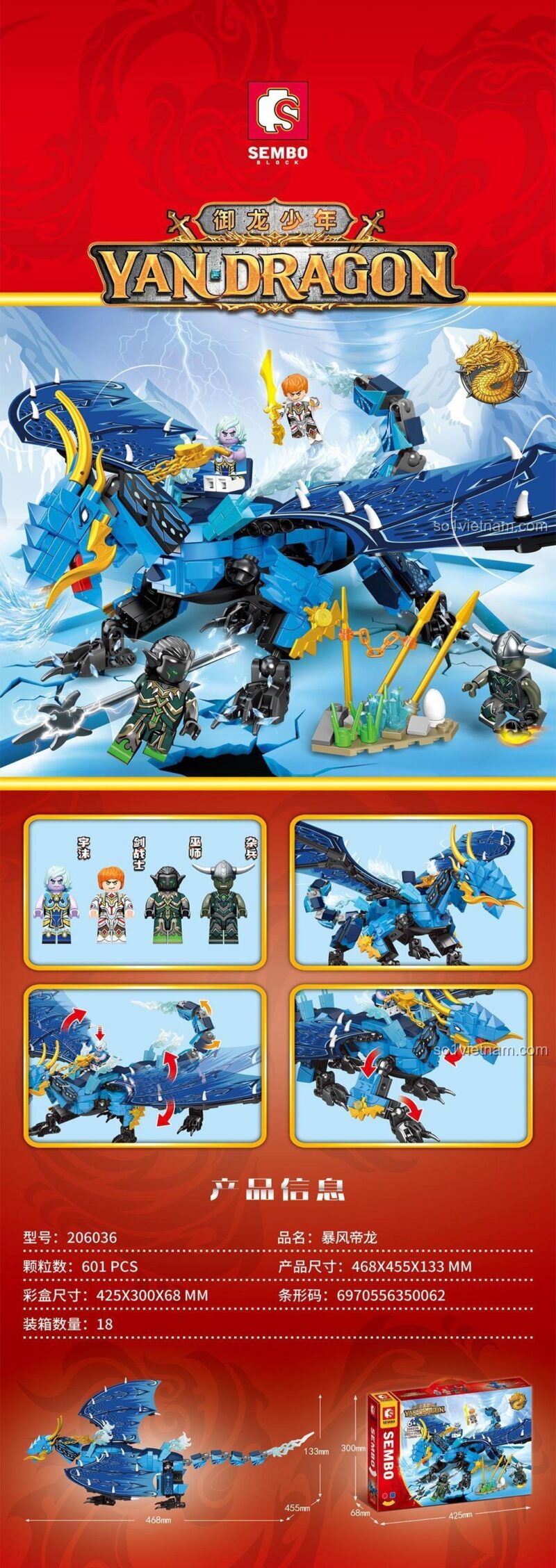 Bộ xếp hình Thiếu Niên Ngự Long SEMBO 206036 với 601 mảnh ghép, chi tiết minifigures và rồng, đồ chơi sáng tạo cho bé trai 6 tuổi.